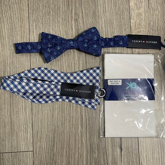 3pc 2 Tommy Hilfiger Linen Bow Ties 1 Egara Pocket Square - Blue & White - $119 - Picture 3 of 6